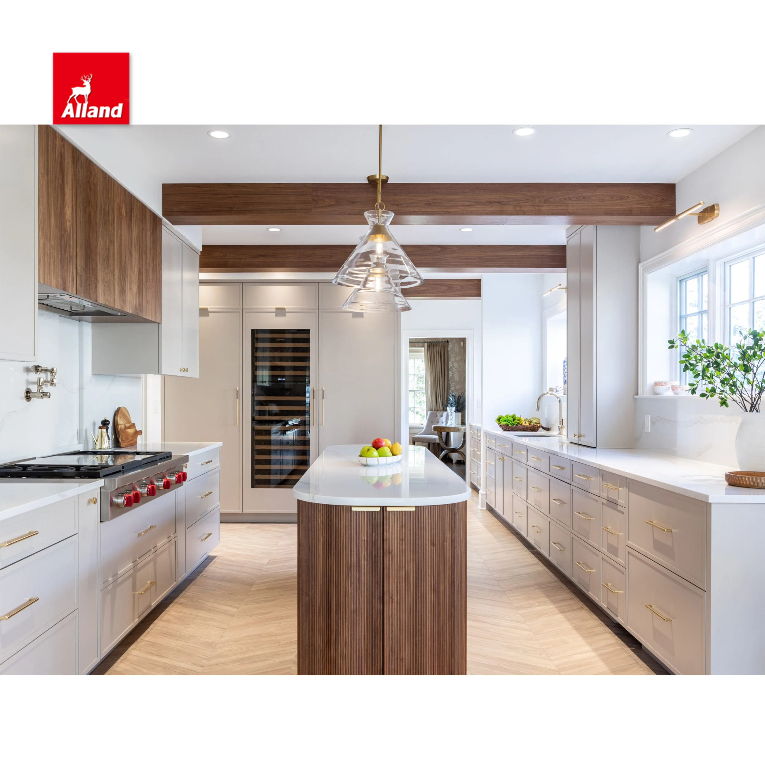 Picturesque New Aesthetic Kitchen Cabinet With Walnut Fluted Oval Island And Slim Shaker Glass Door Wine Pantry For Elite House