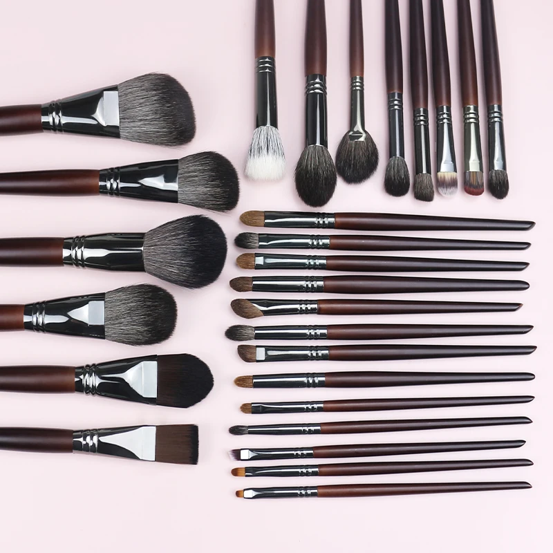 27 Pieces Fluffy Eye Shadow Highlighter Custom Logo Face Bulk Brown Wood Goat Hair Makeup Brushes