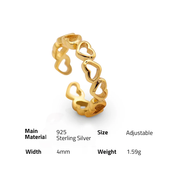 Chris April retro 925 sterling silver gold plated simple heart hollow finger ring