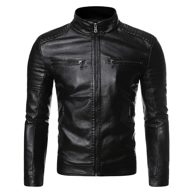 New Causal Vintage Leather Jacket Coat Men Spring Outfit Design Motor Biker Pocket PU Leather Jacket