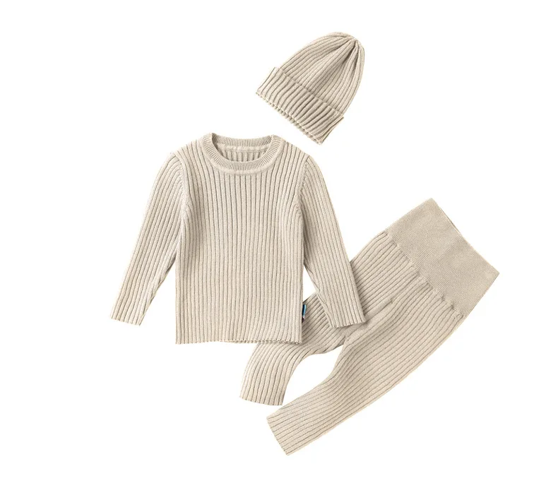 Kids Winter Wear Organic Cotton Knitted Clothing Baby Warm Round Neck Three-Piece Sweater Suits