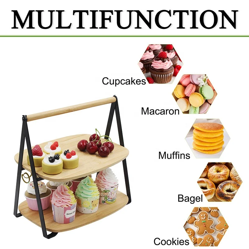 High quality cheap price factory wholesale 2 tier bamboo serving tray with metal stand