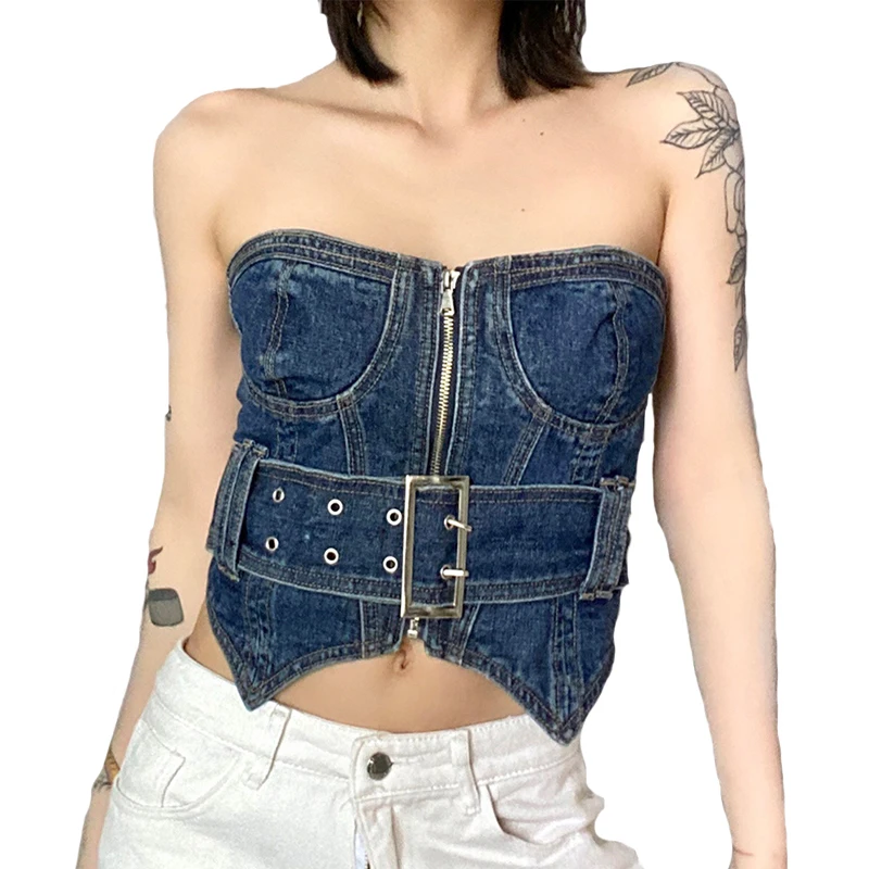 OEM Custom Summer Women Sexy Chic Contrast Stitched Denim Corset Top Zipper Bandage Vintage Tube Tops