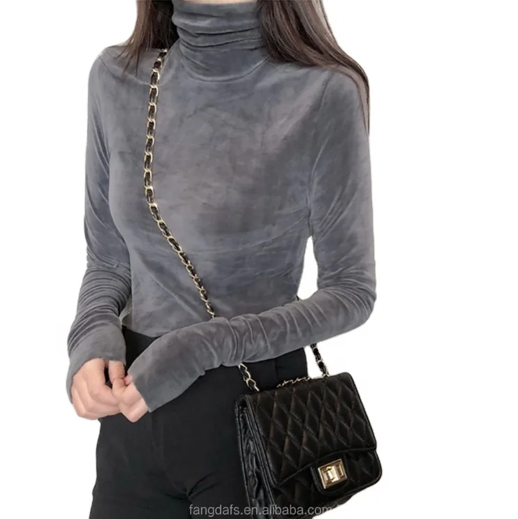 Long Sleeve Tshirt High Collar Bottoming Slim T-shirt Women T Shirt Warm Gold Velvet Pullovers Tops Winter Warm Turtleneck