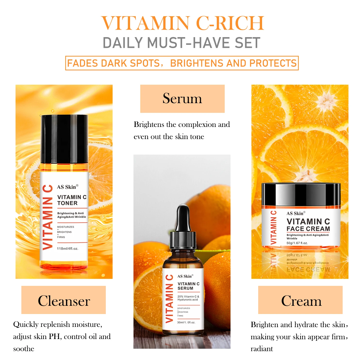 OEM Natural Facial Anti-Aging Wrinkle Whitening Beauty Skincare Private Label Organic Vitamin C Skin Care Set