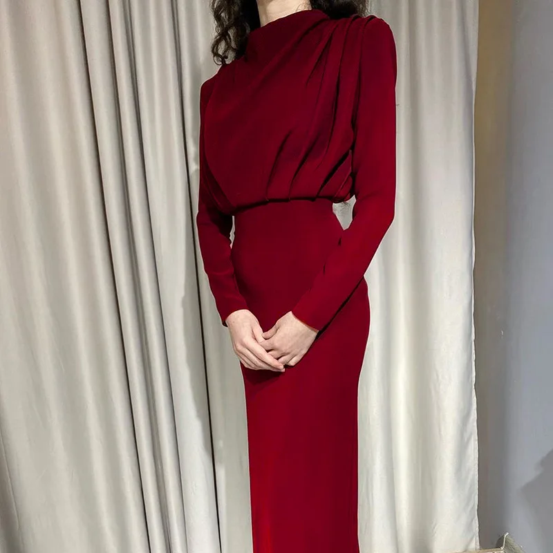 Autumn new fashion temperament hin thin pure color long sleeve dress