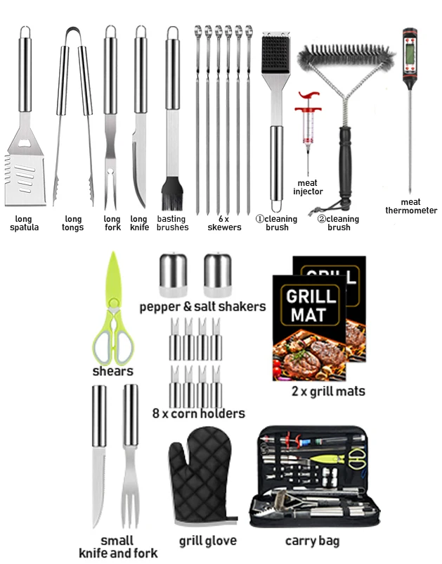 32 Pieces Stainless Steel Metal BBQ Spatula Grill Tool set Barbecue Grills Accessories Utensils Tools Kit For Outdoor Camping