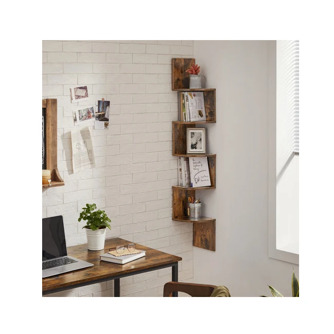 Rustic 5 Tier Wooden Zig Zag Corner Wall Shelf Floating Corner Bookshelf For Living Room