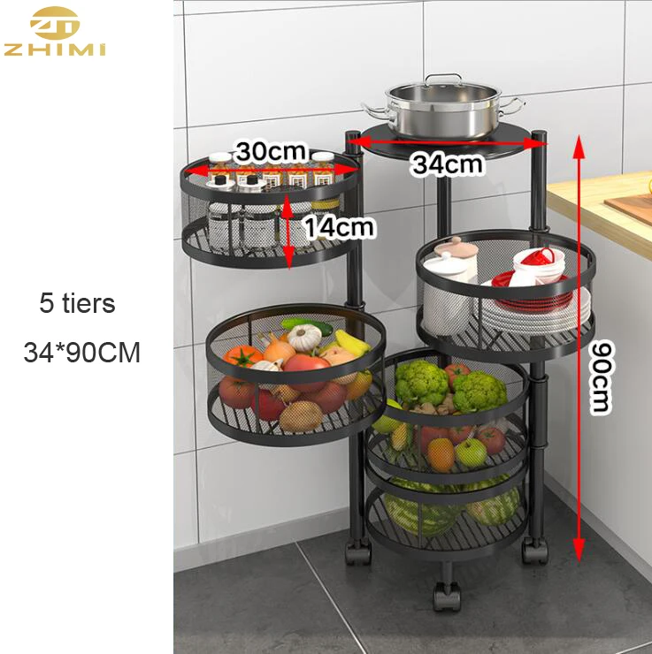 Carbon Steel 5 Tiers Kitchen Shelf  Movable Round Kitchen Trolley Cart Storage Vegetable Fruit Basket Rack