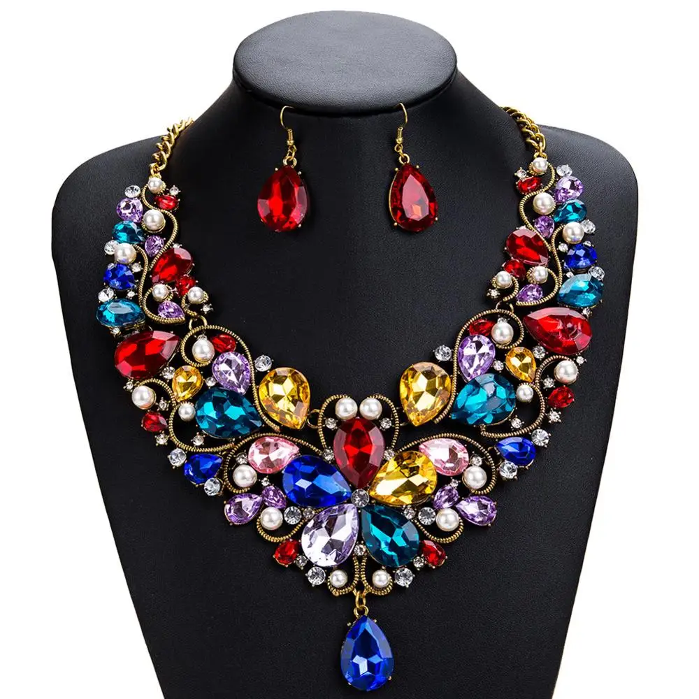 Exaggerated Big Glass Drill Drop Type Bridal Necklace Jewelry Set