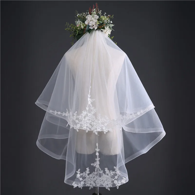 CBJ-128 Exquisite Double-Layer Wedding Lace with Hair Comb White Flower Bride Veil