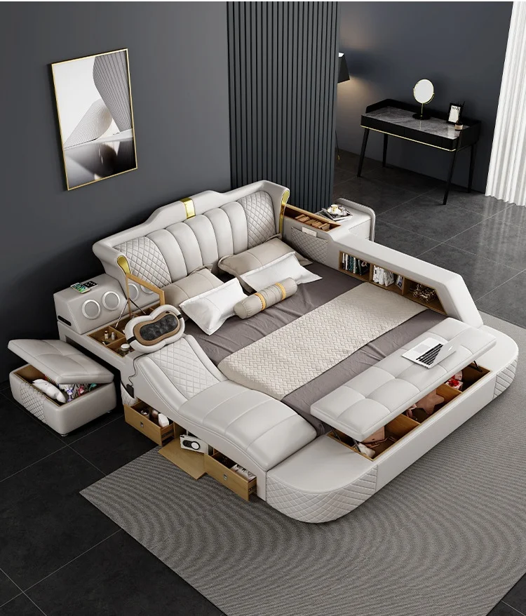 2024 multifunctional smart bed leather king size bed frame with wireless charger massage bedroom furniture se