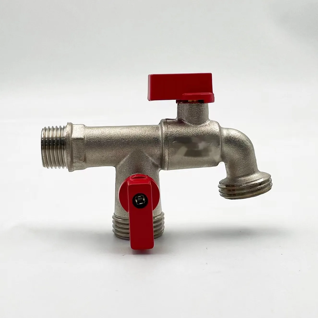 1/2' Brass IBC Bibcock  One Inlet Two Outlets Water Bib Valve Tap Double Nipple Spout Nozzle for Washing Machine Garden
