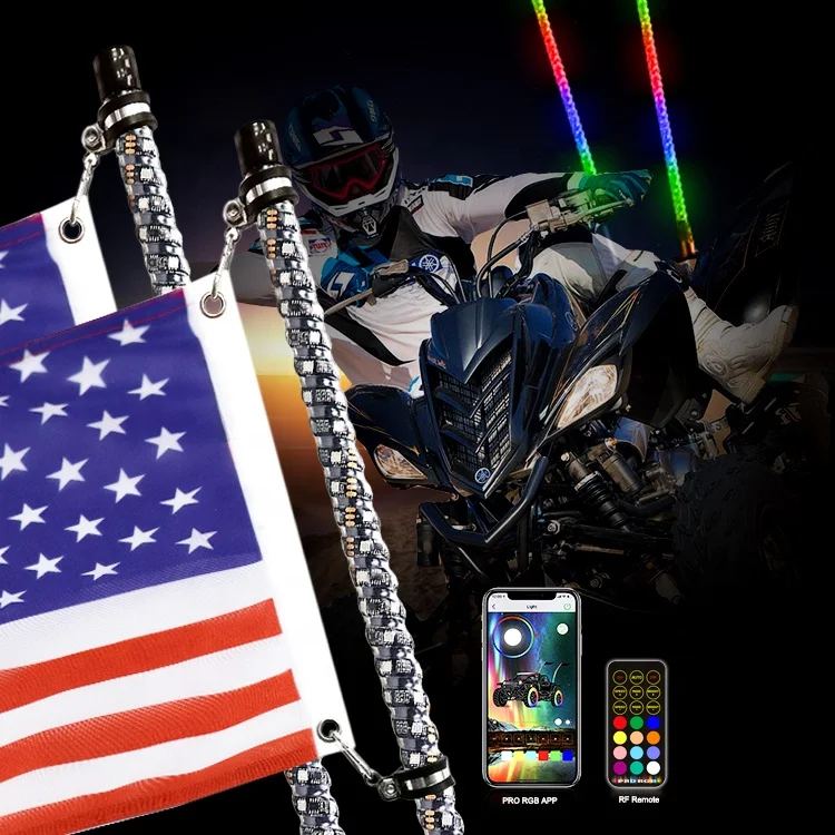 2PCS 3FT Spiral  w/ RGB Chasing/Dancing Led Whip Light App Remote Control Lighted Antenna Whips for Can-am ATV UTV RZR Polaris