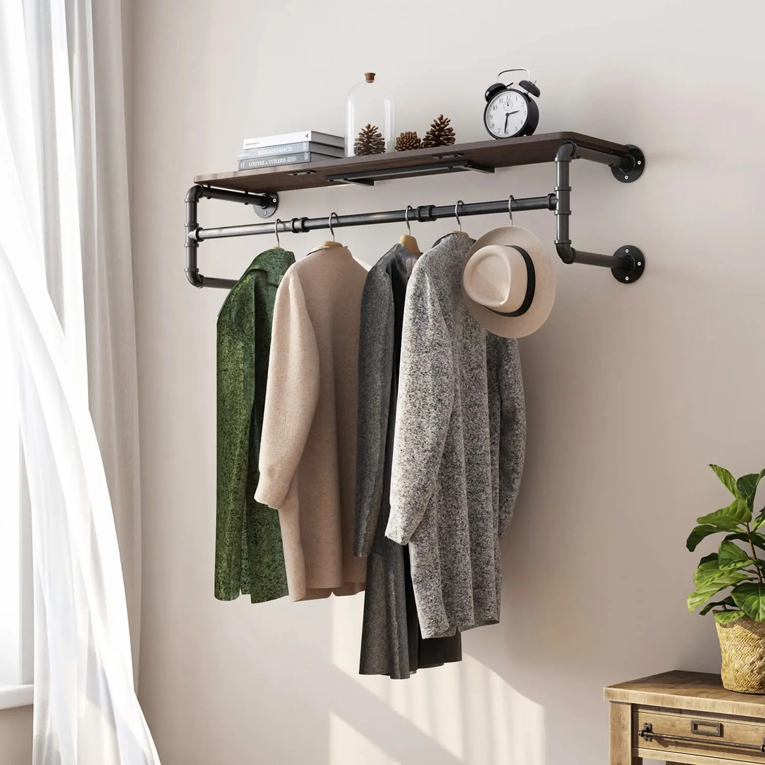 JH-Mech Heavy Duty Iron Garment Bar 41'L Wall Mounted Wooden Shelf Pipe Clothing Rack