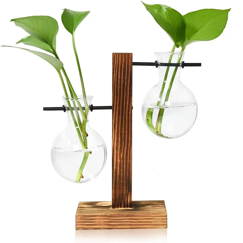 Retro Desk Home Decor Bud Florero Terrarium air Plants Propagation Station Hydroponic Glass Flower Bulb Vase with Wooden Stand