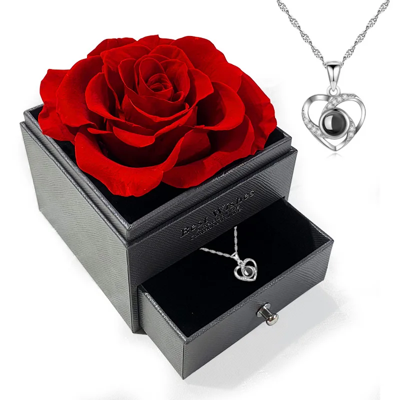 Eternal Red Rose Jewelry Gift Box Preserved Real Rose Flowers With  Acrylic Jewelry Box Rose Box Gift for Valentine Birthday