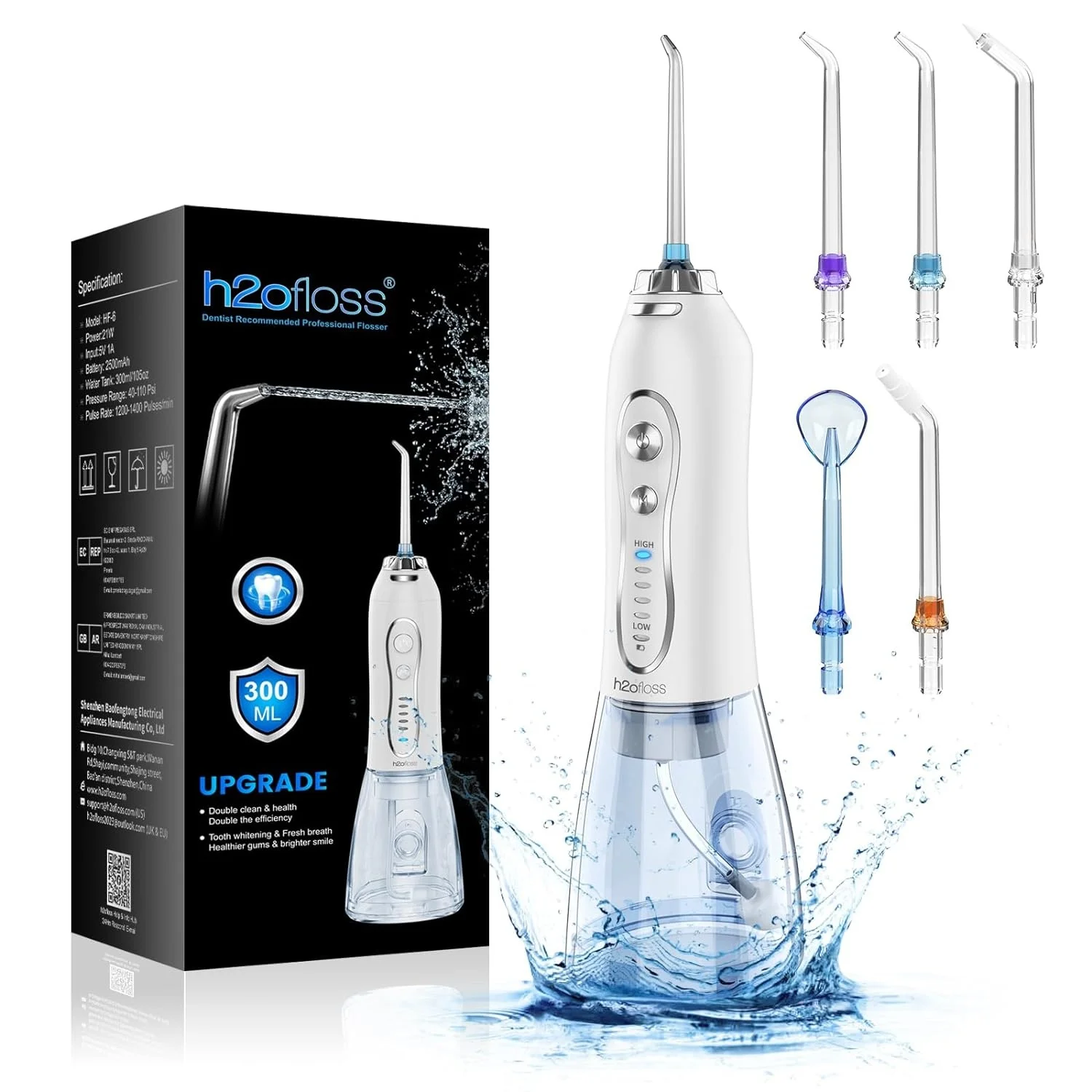 h2ofloss 2500mAh Pulse Electric Cordless Water Floss 300ML Type-C IPX7 Oral Irrigator Dental Water Pick Flosser