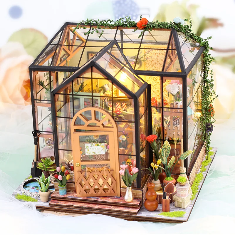 DIY Dollhouse,Wooden Miniature Furniture Kit- Mini Green House with LED Best Birthday Gifts,Dollhouse Miniature House