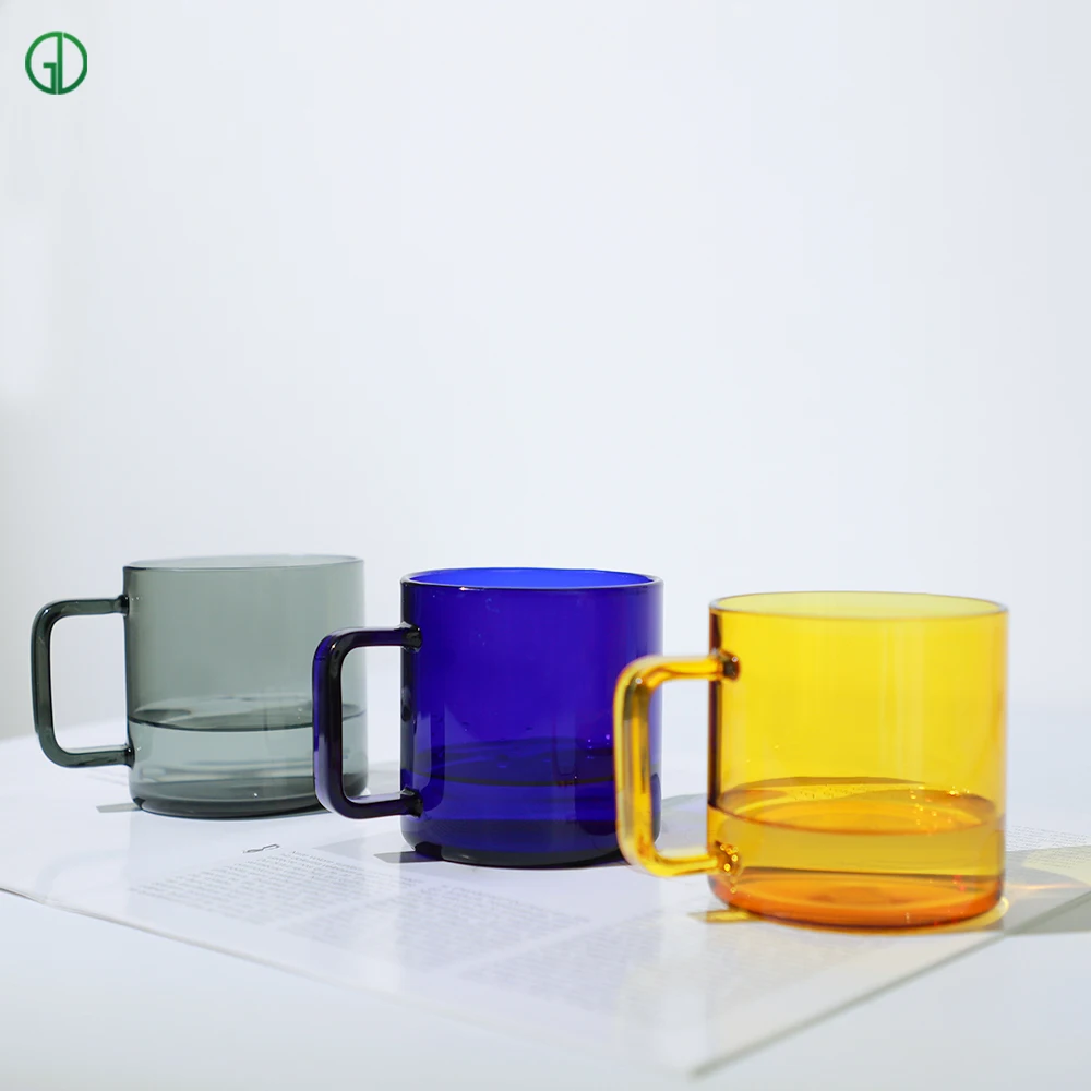 Custom Colored Drinking Glass Cups Dishwasher available High Borosilicate Glass Coffee Mug with Square handle