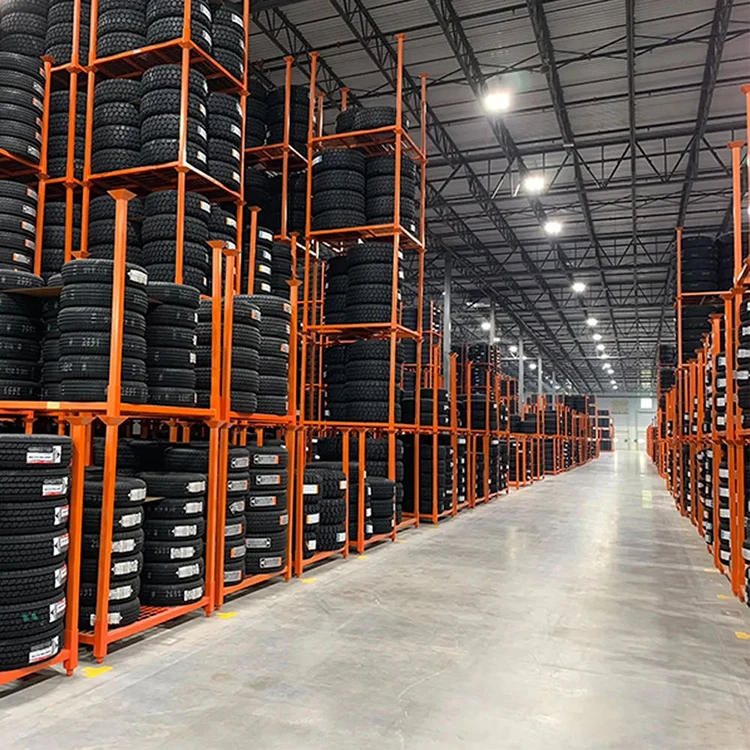 Orange powder coating steel foldable metal warehouse detachable steel stacking car tire rack for sale