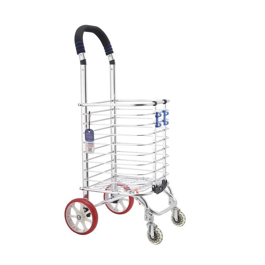 Portability Vegetables Hand Pulled Cart Supermarket Aluminium Alloy Trolley With Wheels With Round Arch Handle