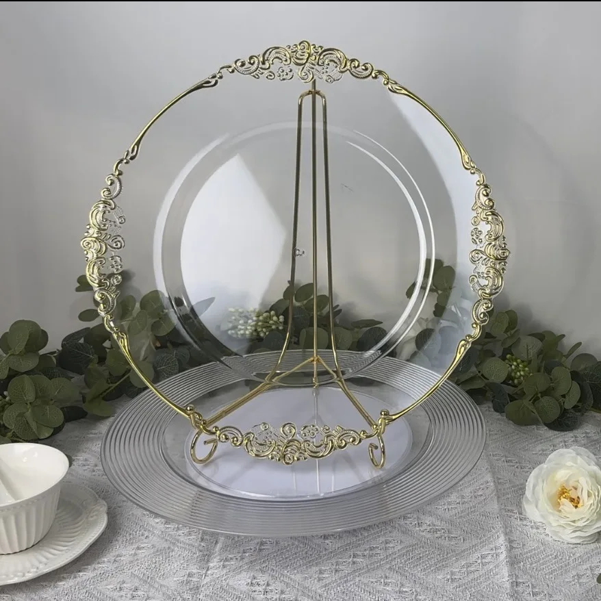 2023 New Design Plastic Material Clear Charger Plates Silver Patterned Trim Gold Rim Charger Plates For Wedding Party