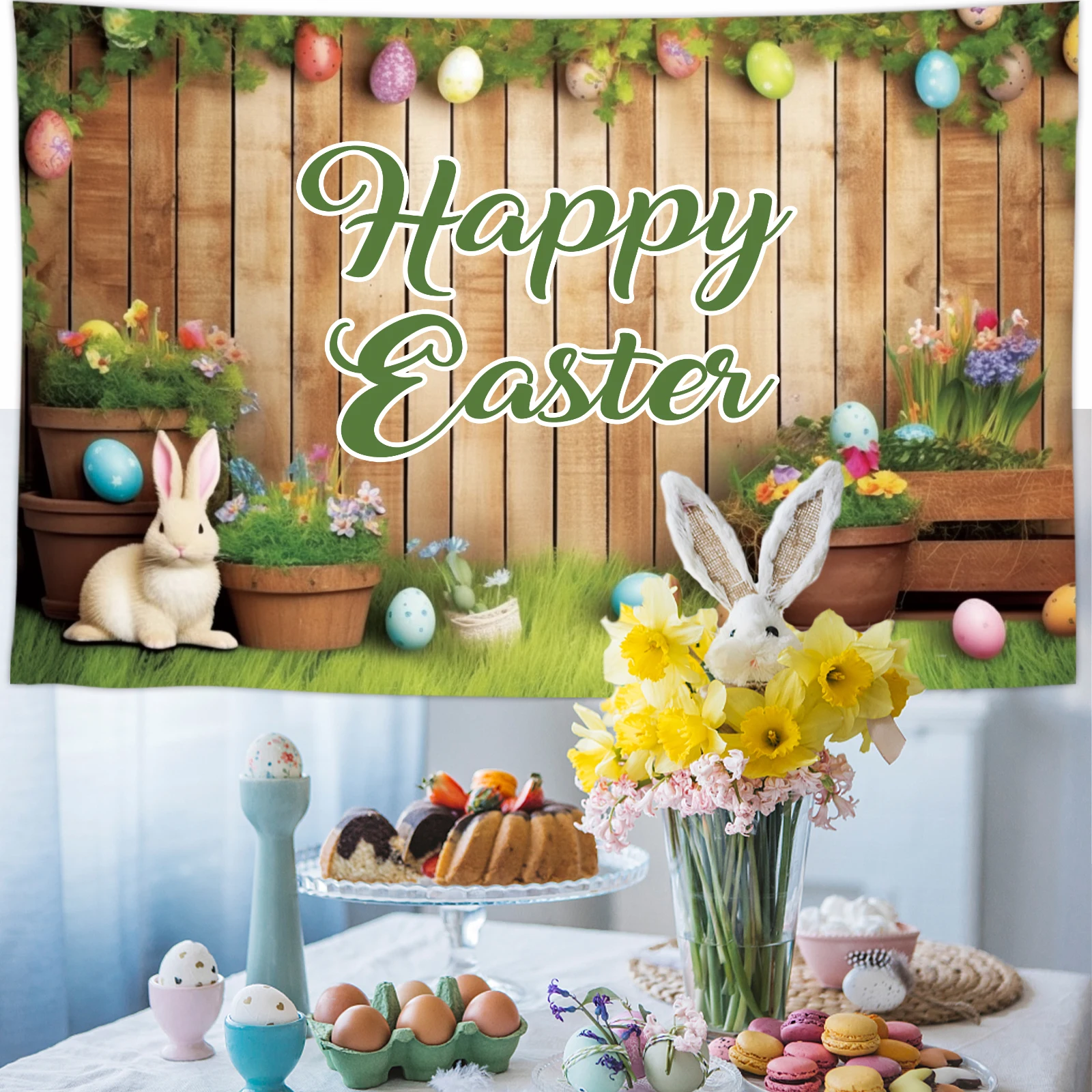 Happy Easter Photography Backdrop Bunny Rabbit Colorful Eggs Background Party Decor Photo Studio Props 59x39in