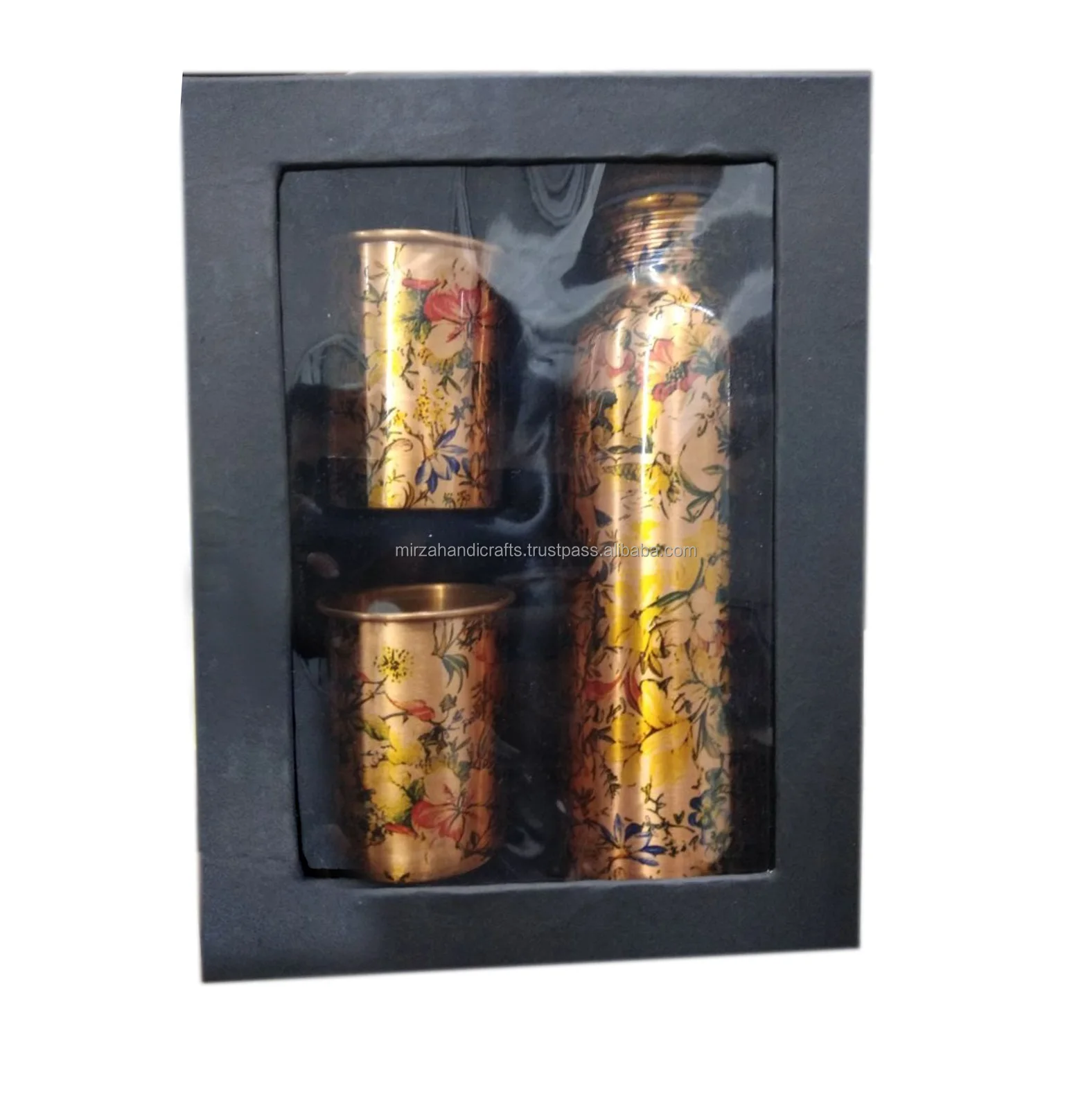 Elegant Pure Copper Heat Printed Bottle With 2 Copper glass and flower Design set of 3 Pieces Made of high quality