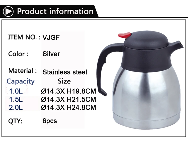 1.0l, 1.5l, 2.0l Stainless steel thermal coffee carafe vacuum jug Insulation thermos tea coffee pot press button