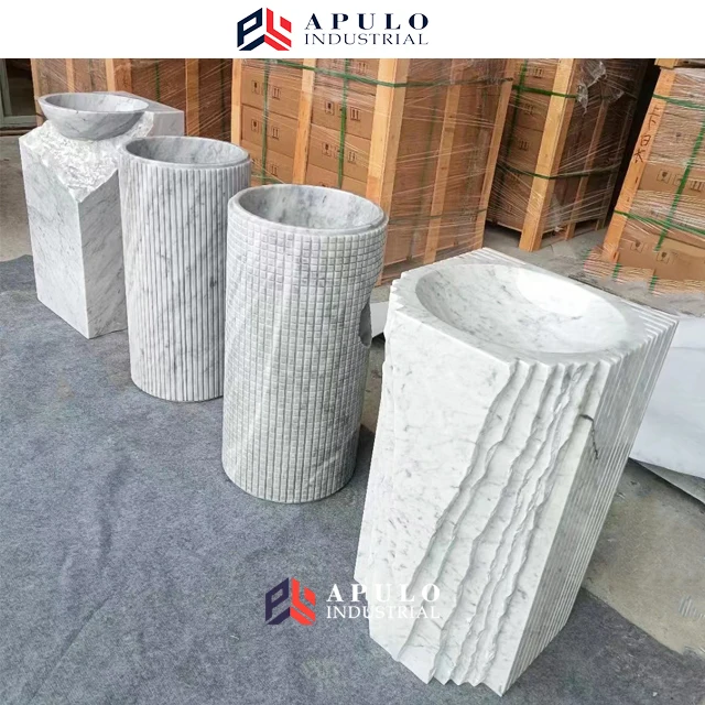 White Marble Standing Basin Sink Artistic Design Marble Pedestal Marble Standing Sink