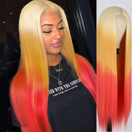 Middle Part Heat Resistant Fiber Long Straight Ombre Blonde Orange Yellow Synthetic Cosplay Wig for Women Natural Looking