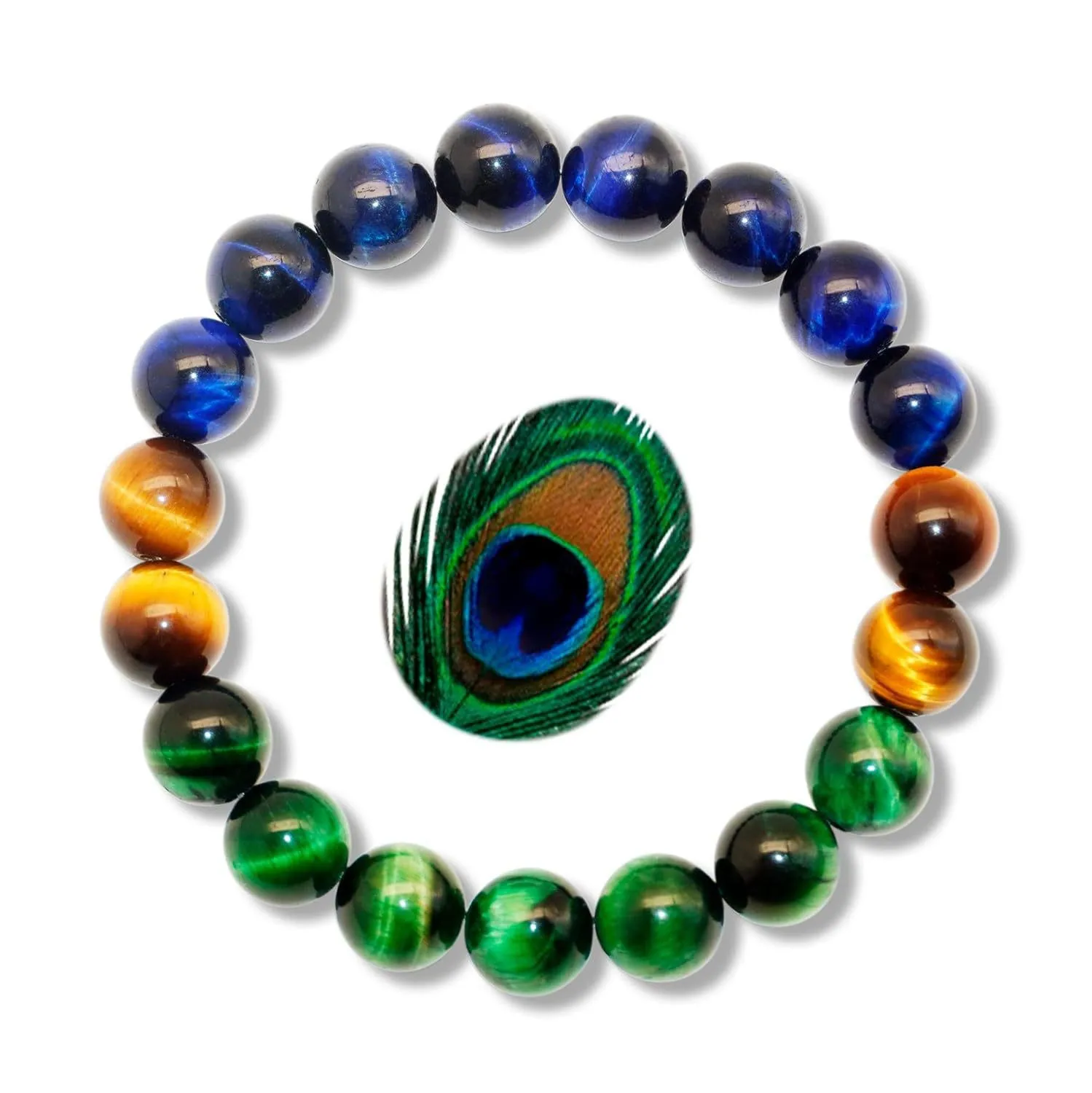 New Arrival 10mm Tiger Eye Stone Beaded Bracelet for Unisex Peacock feather Design Elastic Healing Energy Stone Beads Bracelet