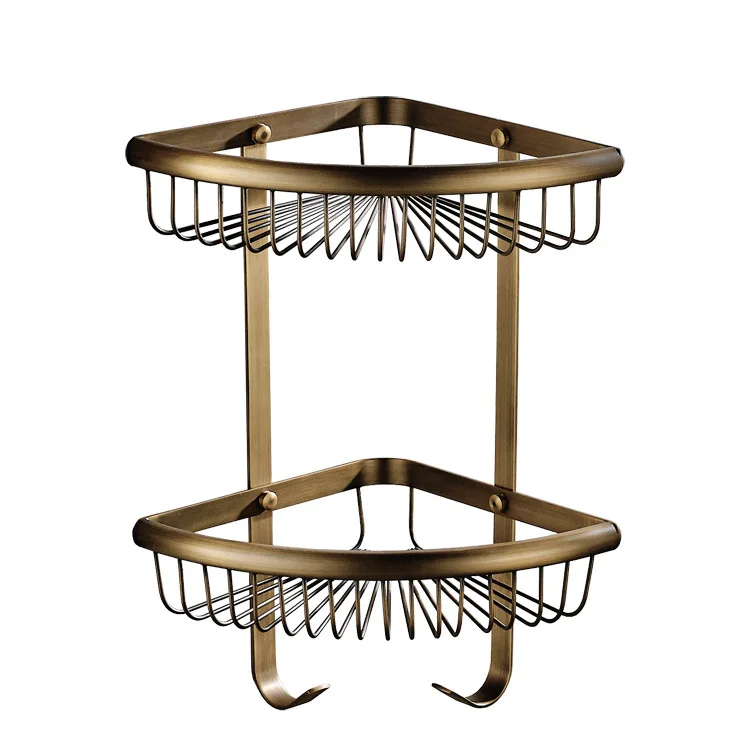 Beelee Antique Brass Wire Bathroom Rack Bathroom Shelf with Hooks