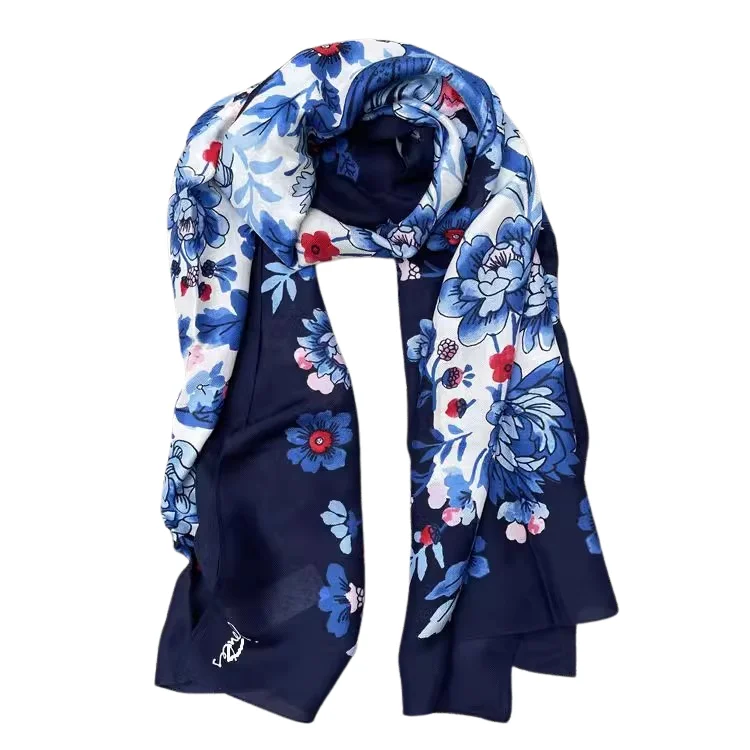 custom flowers design printed silk tencel blend fabric scarf stole shawl for women
