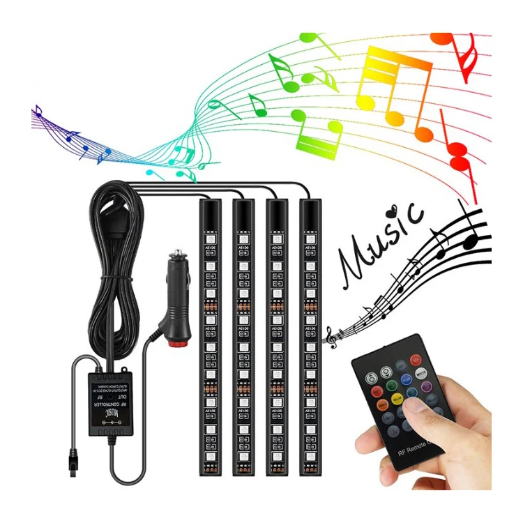 4 шт. 48LED 12V 5050RGB гибкие интерьера автомобиля атмосферу полосы света с 20 ключевой музыкальный контроллер для