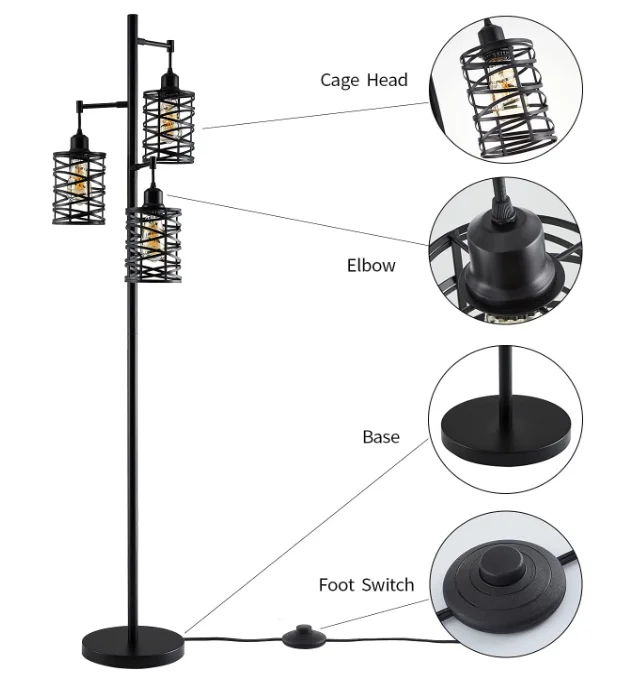 Iron Cage Floor Lamp Bedside Study Office Country Bedroom Three-head Lamp Nostalgic Retro Standing Lamp