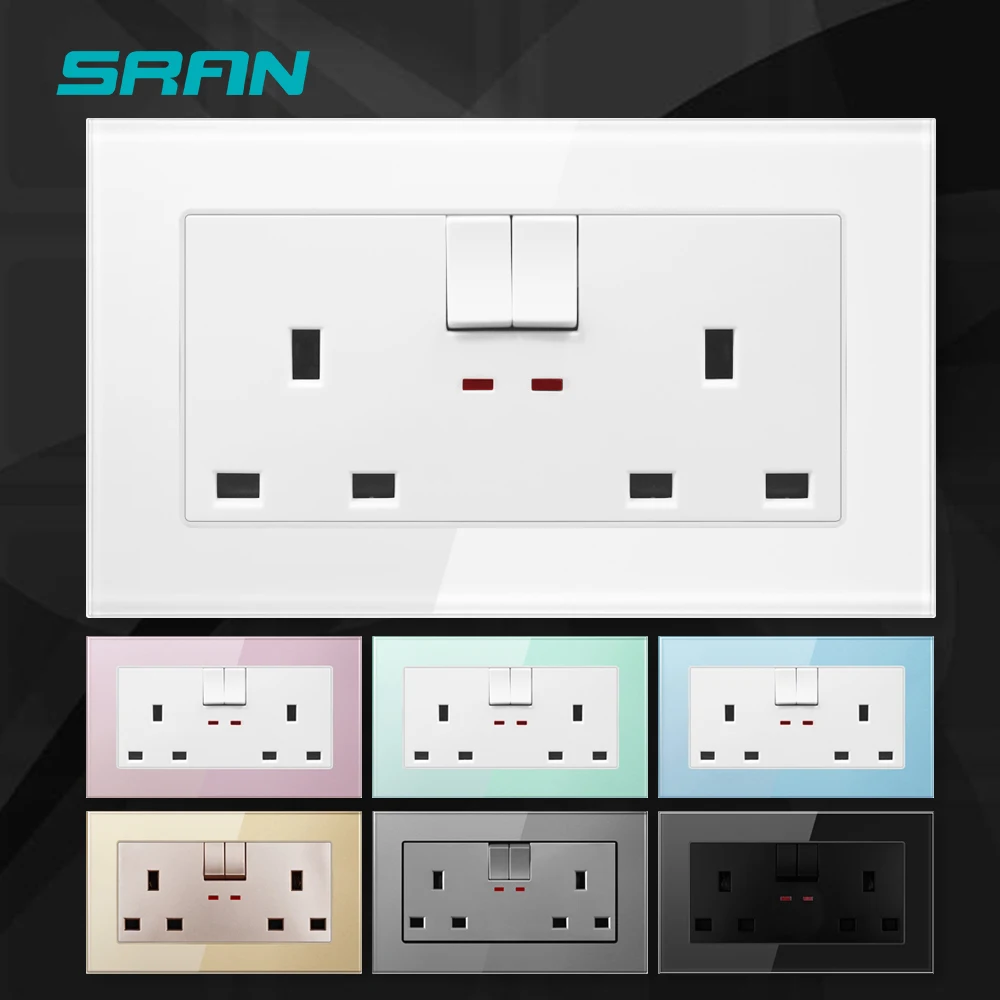 Tempered glass double UK 13A electric wall LED switch socket