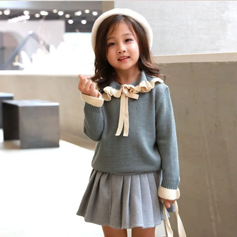 Custom Girls New Fashion Lace Collar Knit Sweater Jumper Baby Girls Kids Cute Pullover Blouse
