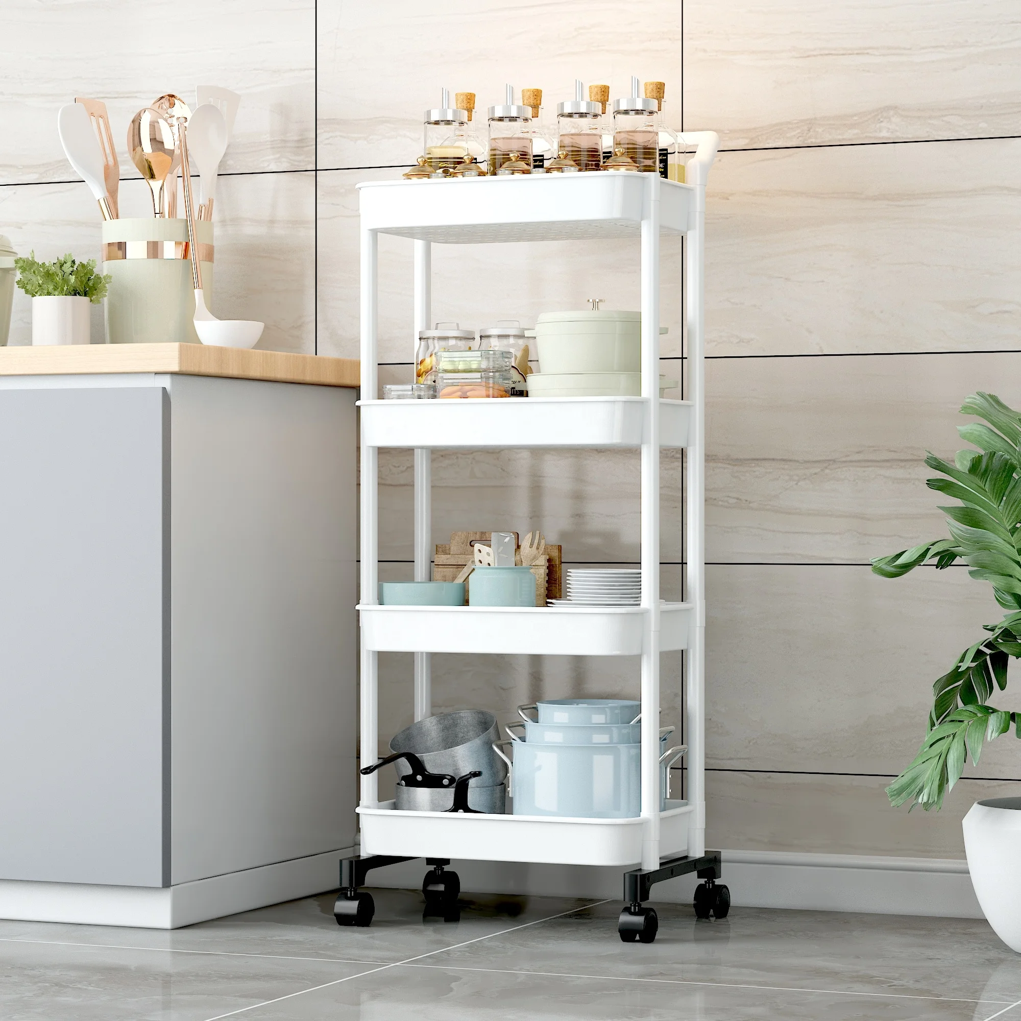 4-Swivel Wheel Metal Storage Utility Cart Lightweight 3-Tier Trolley for Kitchen & Bathroom Garden & Grocery Use