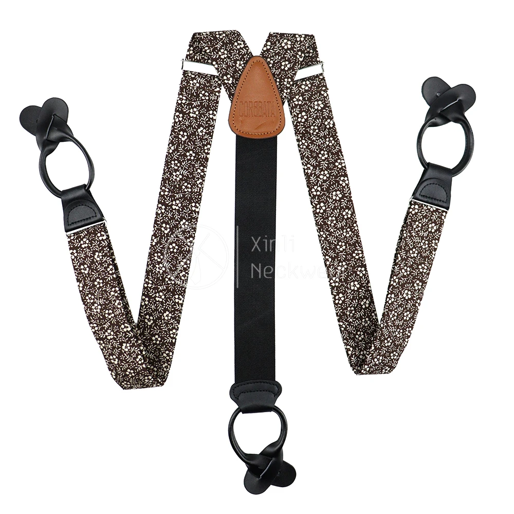 High Quality Custom Embossed Logo Boxed Brown Floral Print Cotton Y-Back Fashion Suspenders for Men