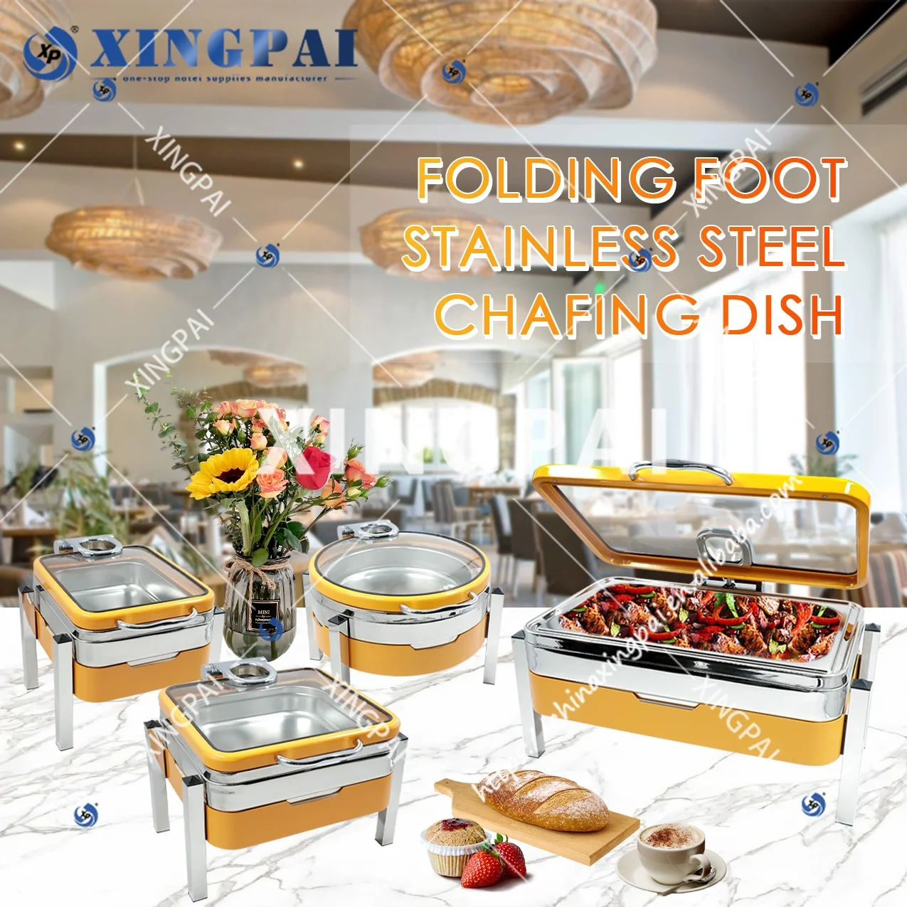 XINGPAI Catering Equipment Buffet Round Chafing Dish Delux Silver Yellow Chafing Dish Buffet Food Warmer With Glass Visible Lid