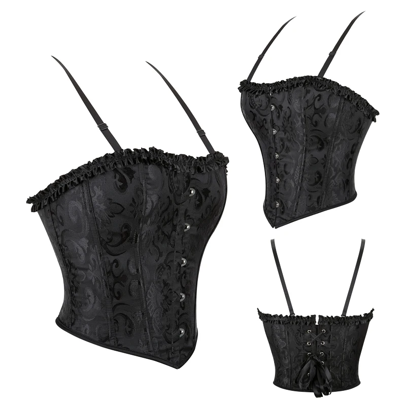 Womens Floral Satin Lace Trim Corset Overbust Waist Cincher Bustier Shapewear Top Lace Up Lingerie G-string Set