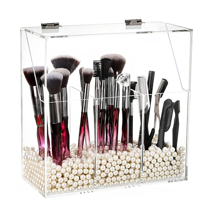 Custom Three Compartments Clear Acrylic Brushes Holder With Hinged Lid Acrylic Makeup Brush Display Box For Home