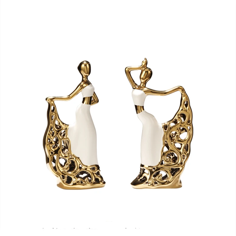 Luxury Nordic Style Gold-plated Dancer Girls Porcelain Ornament Room Decor Creative Ceramic Home Decoration For Christmas Gift
