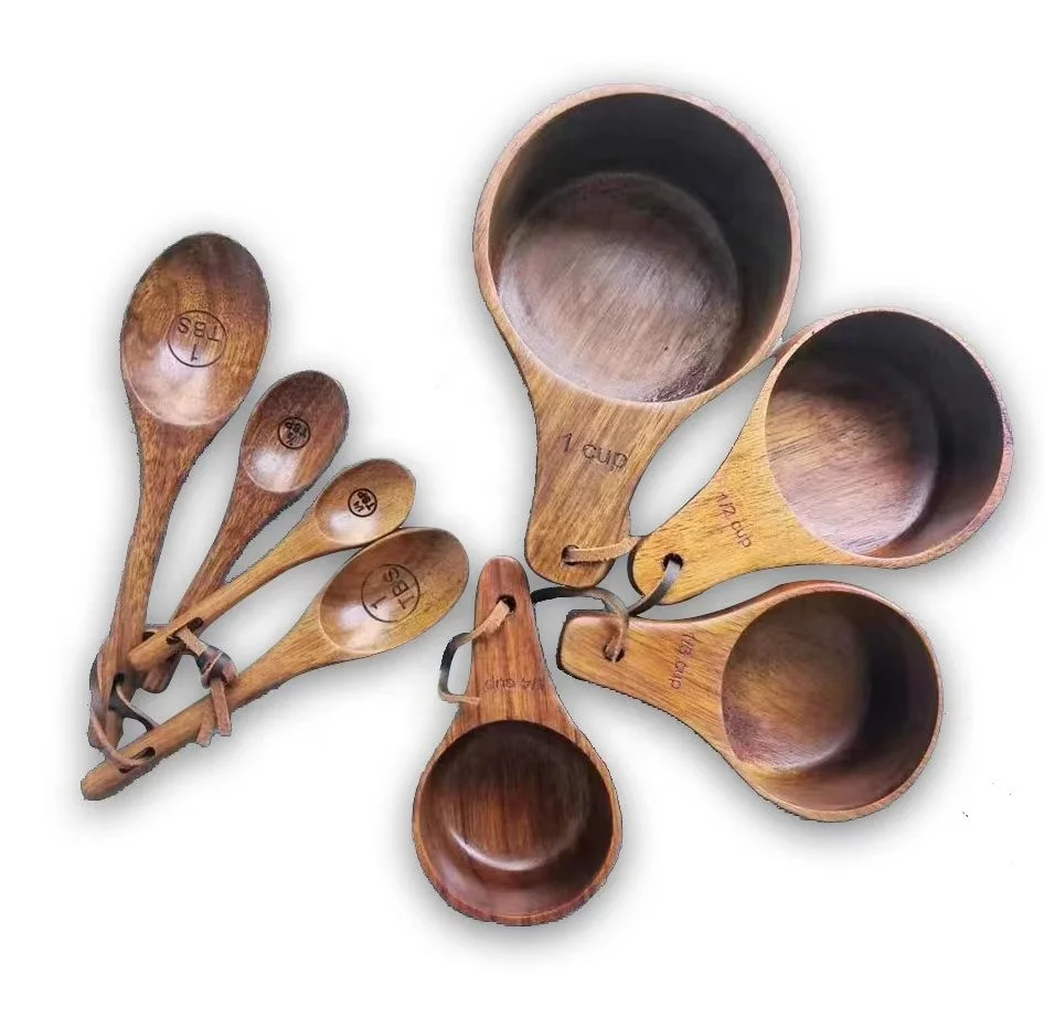 Eco Friendly Coffee Measuring Set 8 Pieces Baking Tools Kitchen Acacia Wood Measuring Cup Spoon Set