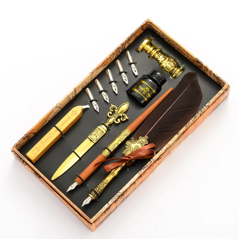 New Product Arrival Calligraphy Pen Vintage Feather Fountain Pen Gift Set with Seal Wax Stamp