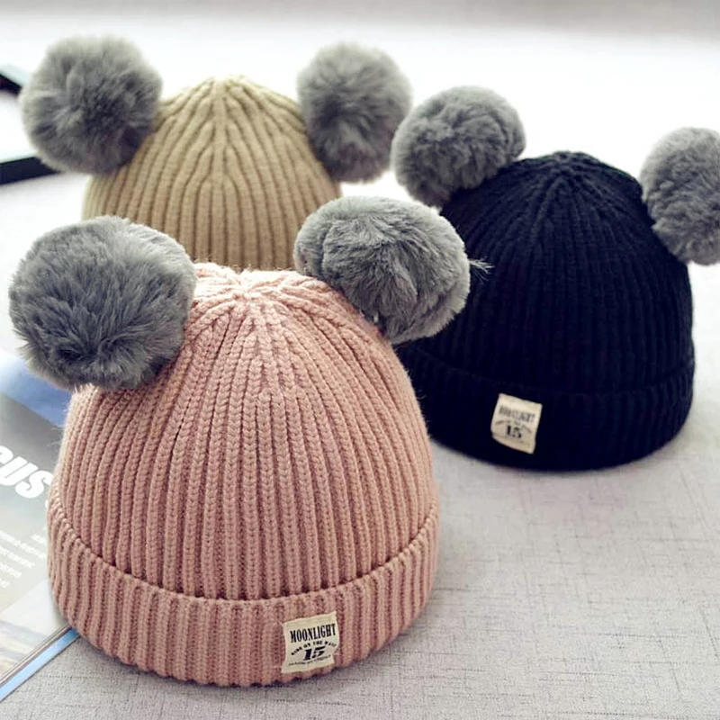 
YRRETY милые хлопковые кашемировые шапки для защиты ушей, вязаные шапки для маленьких детей, зимние шапки в полоску, шапка из енота с двумя меховыми помпонами 