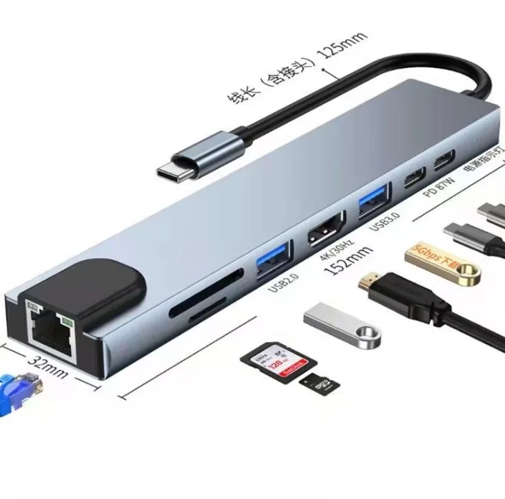 Hot Selling 8 in 1 Port 4K HD PC PD Type-c Phone Usb-c Type Laptop Type-c Doking Station Usb 2.0 3.0 Docking Usb C Hub For PC