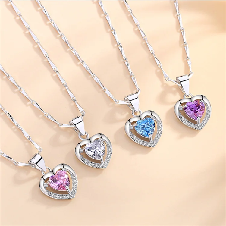 Fashion Pure Silver S999 Heart Necklace Sterling Silver Pendant Female Trend Ladies Clavicle Chain Crystal Diamond Necklace